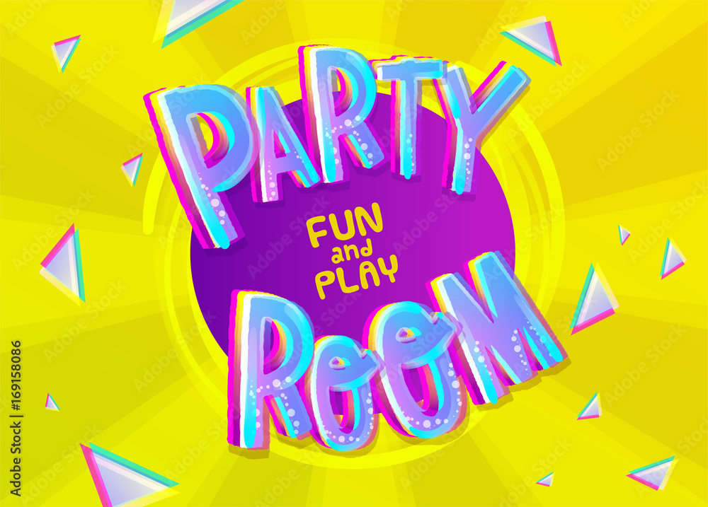 Party Room Cartoon Inscription on Colorful Yellow Background with Geometric Background.