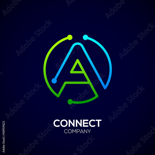 Letter A logo, Circle shape symbol, green and blue color, Technology and digital abstract dot connection