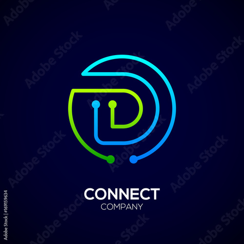 Letter D logo, Circle shape symbol, green and blue color, Technology and digital abstract dot connection