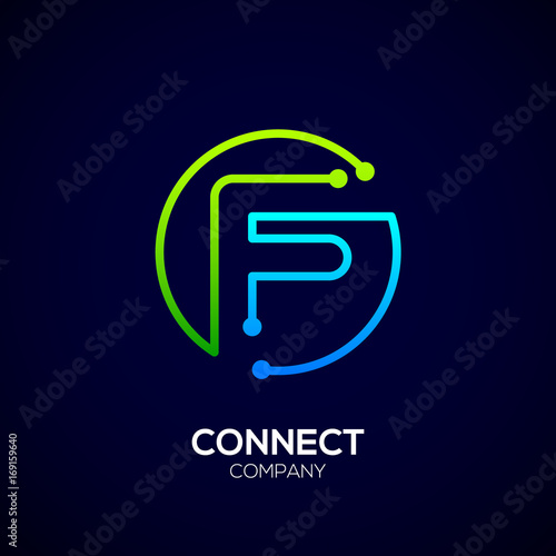 Letter F logo, Circle shape symbol, green and blue color, Technology and digital abstract dot connection