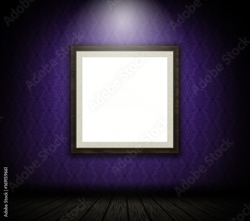 Fototapeta 3D blank picture frame on patterned wallpaper wall