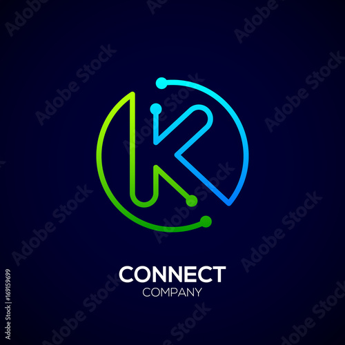 Letter K logo, Circle shape symbol, green and blue color, Technology and digital abstract dot connection