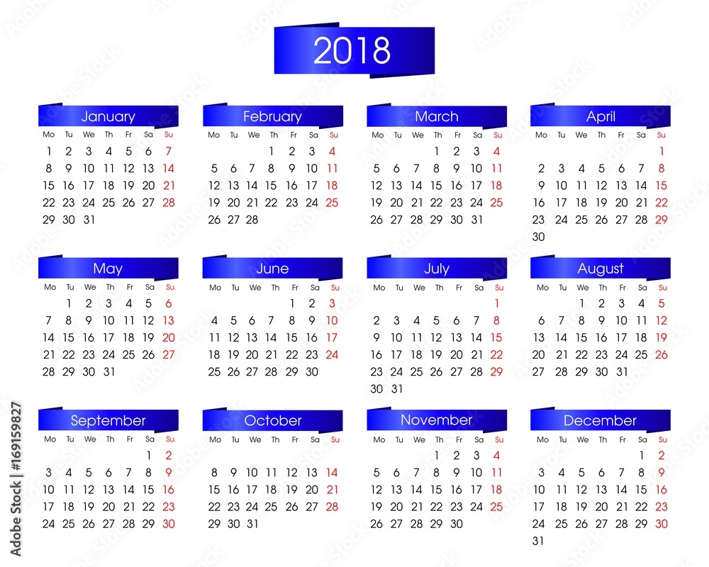 annual calendar for 2018 year with the bright blue of info graphics on white background annual calendar for 2018 year with the bright blue of info graphics on white background