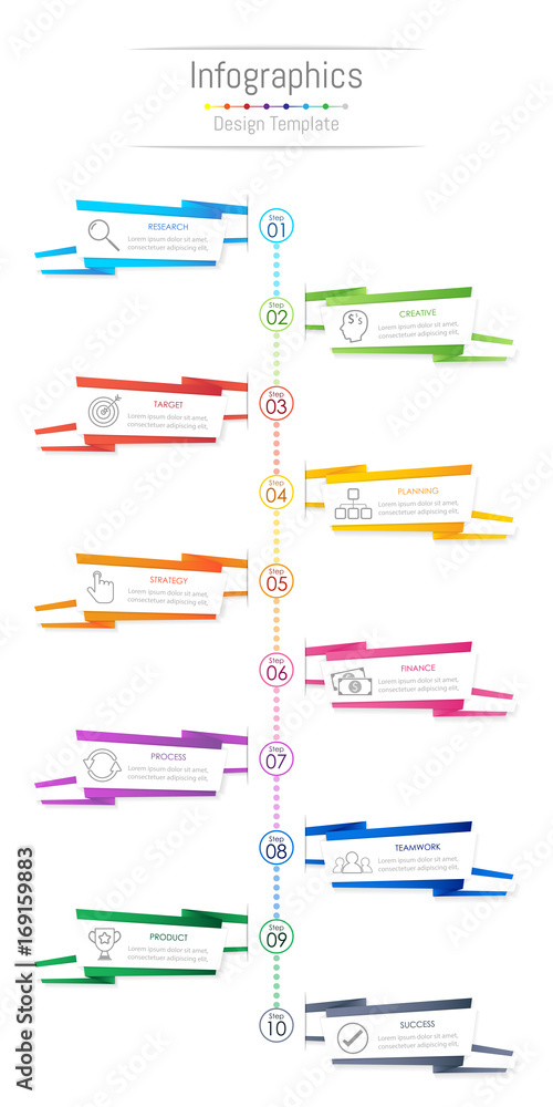 Infographic design elements for your business data with 10 options, parts, steps, timelines or processes, paper banner style concept. Vector Illustration.