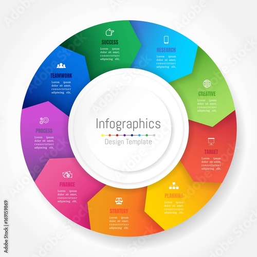 Infographic design elements for your business data with 9 options, parts, steps, timelines or processes, Arrow wheel circle style. Vector Illustration.