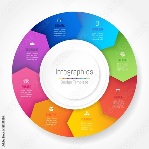 Infographic design elements for your business data with 8 options, parts, steps, timelines or processes, Arrow wheel circle style. Vector Illustration.