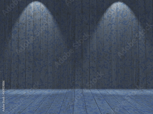 Fototapeta 3D grunge interior with wooden blue painted walls and floor