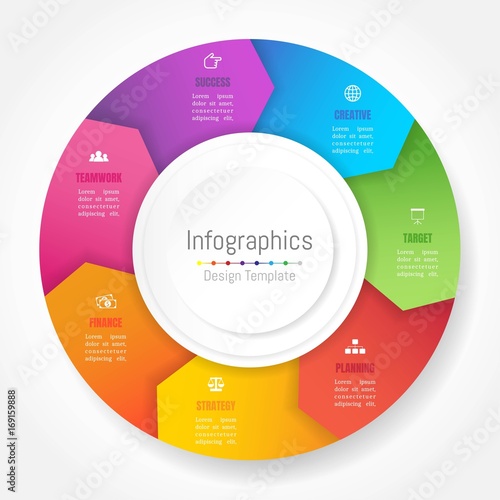 Infographic design elements for your business data with 7 options, parts, steps, timelines or processes, Arrow wheel circle style. Vector Illustration.