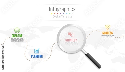 Infographic design elements for your business data with 4 options, parts, steps, timelines or processes and transparent magnifying glass.World map of this image furnished by NASA, Vector Illustration