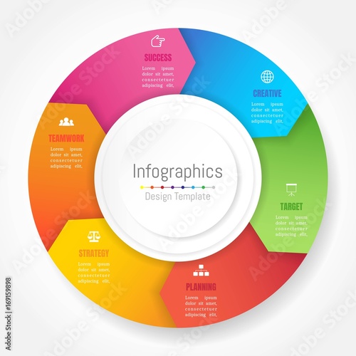 Infographic design elements for your business data with 6 options, parts, steps, timelines or processes, Arrow wheel circle style. Vector Illustration.