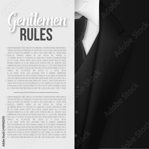 Illustration of Vector Black Suit. Gentlemen Rules List Template. Realistic Vector Mens Suit