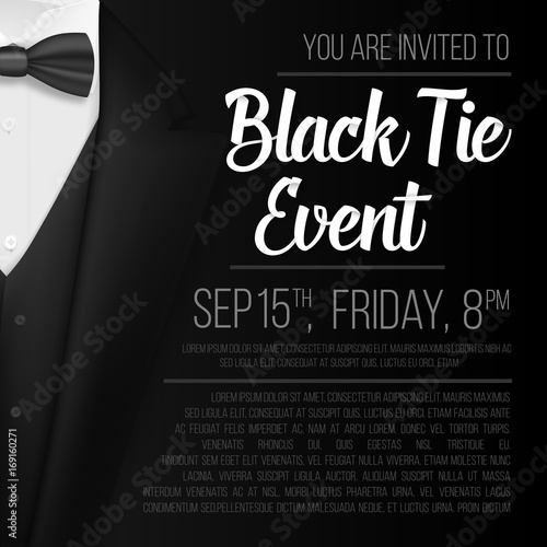 Illustration of Realistic Vector Black Suit. Black Tie Event Invitation Template. Vector Mens Suit with Bow Tie