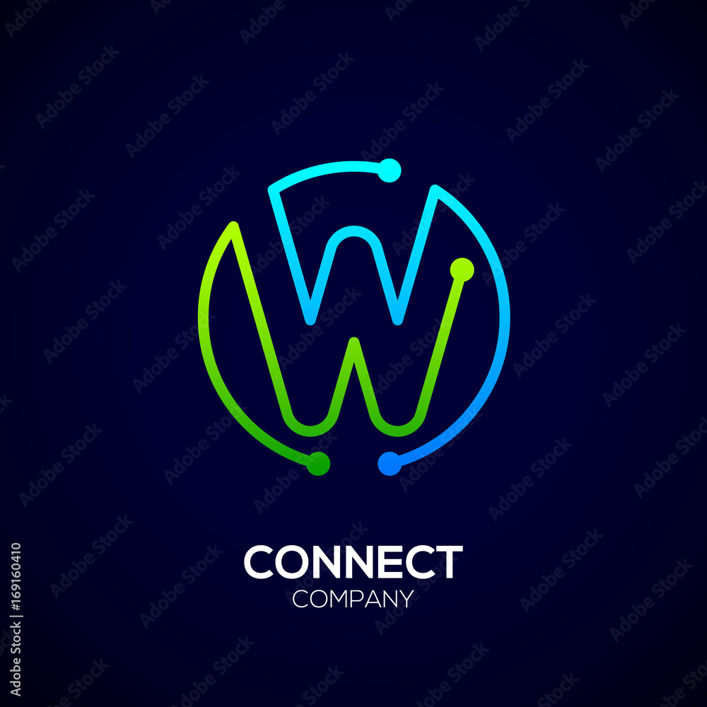 Letter W logo, Circle shape symbol, green and blue color, Technology and digital abstract dot connection Letter W logo, Circle shape symbol, green and blue color, Technology and digital abstract dot connection