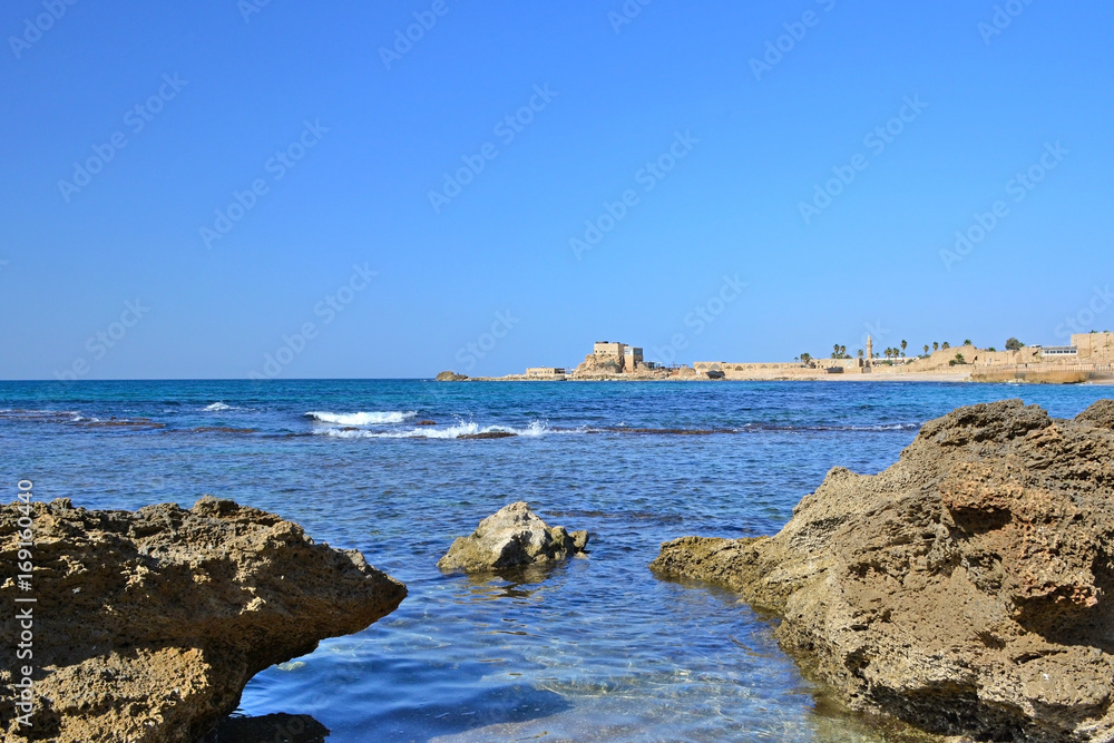 Rocks and architecture of the coast of Caesarea, Israel