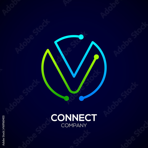 Letter V logo, Circle shape symbol, green and blue color, Technology and digital abstract dot connection