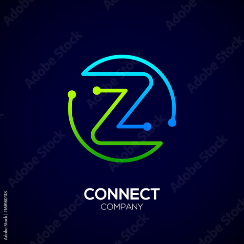 Letter Z logo, Circle shape symbol, green and blue color, Technology and digital abstract dot connection