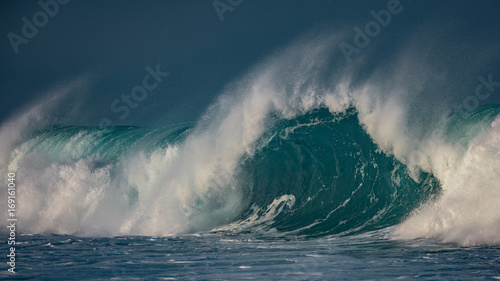Giant waves of Pacific ocean. Surfing sea water with nobody on image