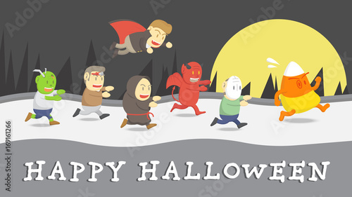 Halloween cute cartoon run to catch big candy corn, Vector halloween cartoon characters in flat vector style