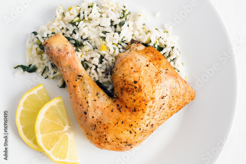 chicken leg roasted with herbs and rice with leek and chard 