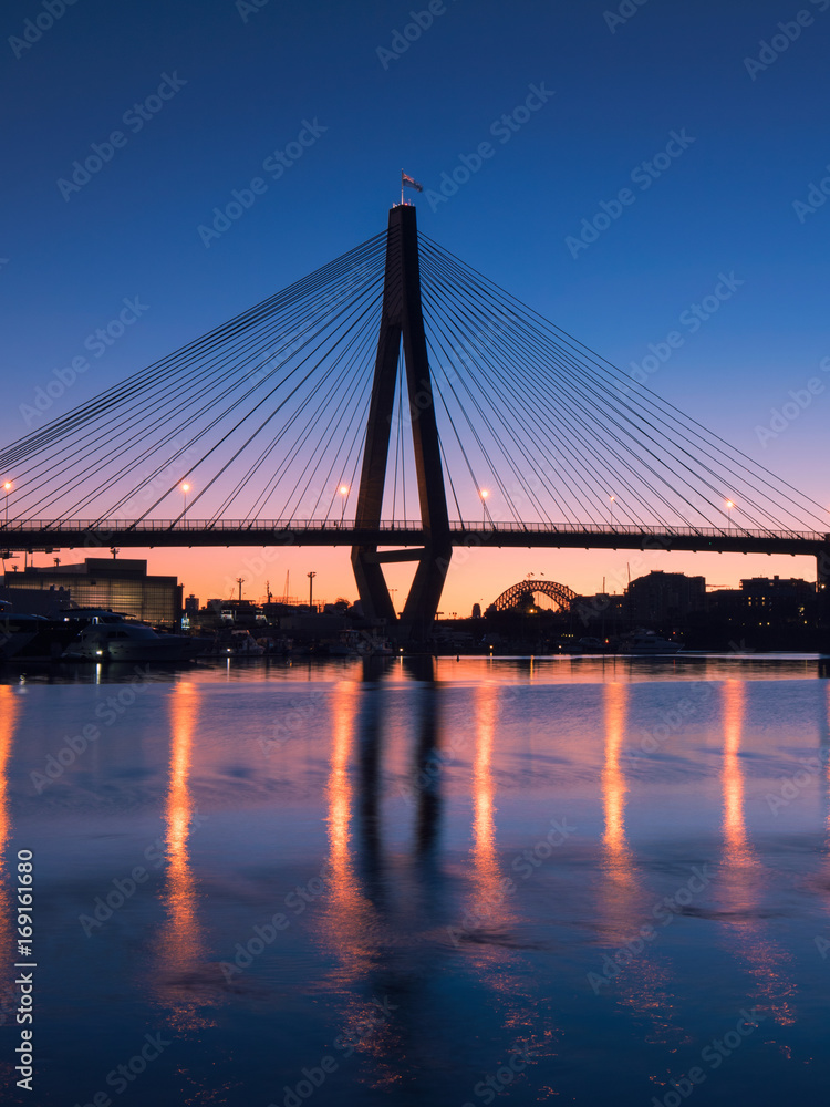 Blue hour view at part of Anzac bridge with clear sky.