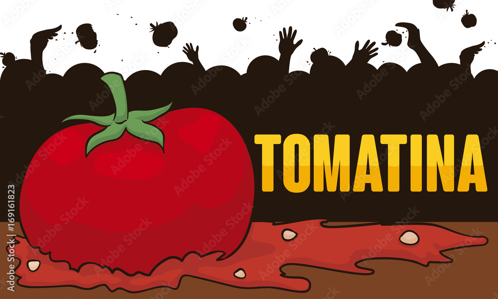 Silhouette Design with People Throwing Tomatoes in Tomatina Event, Vector Illustration Stock