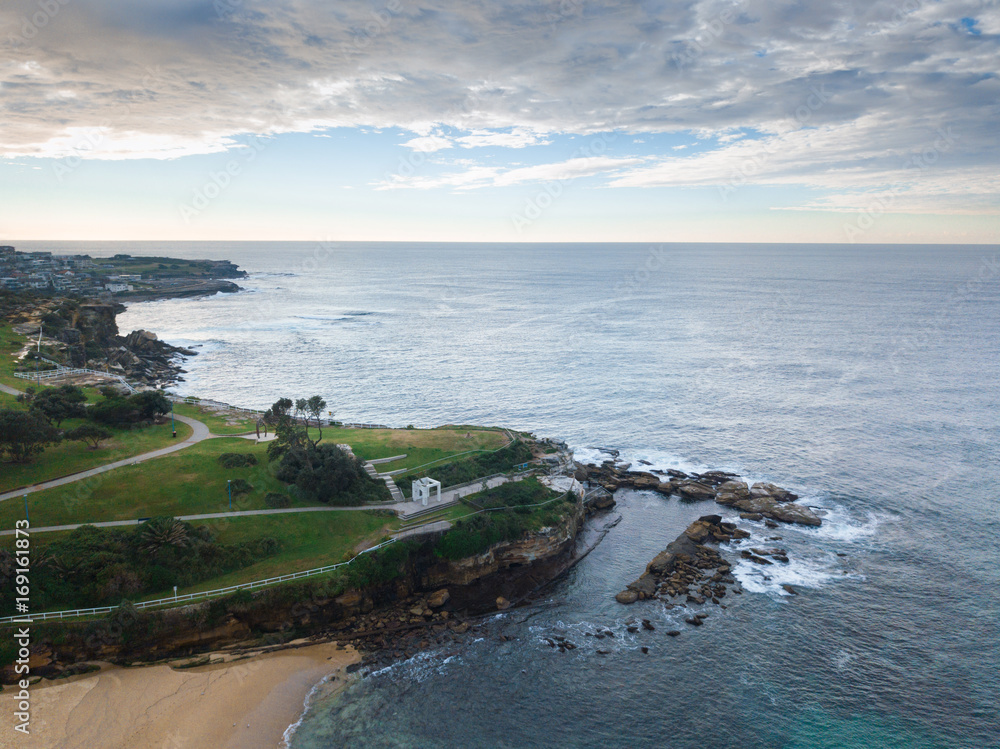 Aerial view of Coogee headland, Dolphins point in a cloudy morning.
