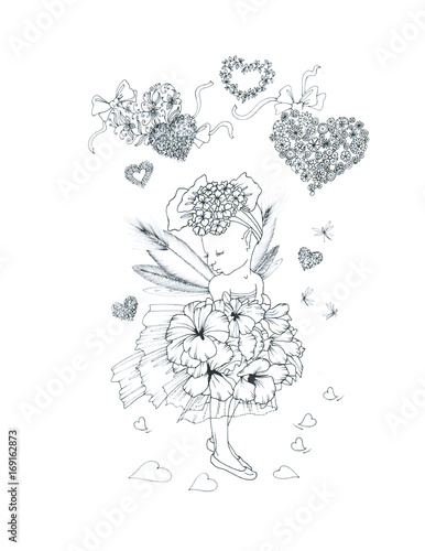 hadas, flores, ternura, blanco negro, jardin, figurativo, flor, floral,  ilustración, imaginación, fantasía, decorativo, sentimental, emotivo, alto contraste, mágico, 