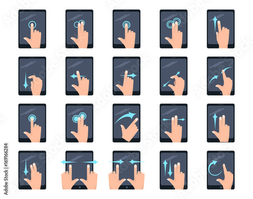 Multitouch screen hand gestures on tablet elements collection, flat icons set, Colorful symbols pack contains - tap scroll click rotate pinch zoom hold drag. Vector illustration. Flat style design