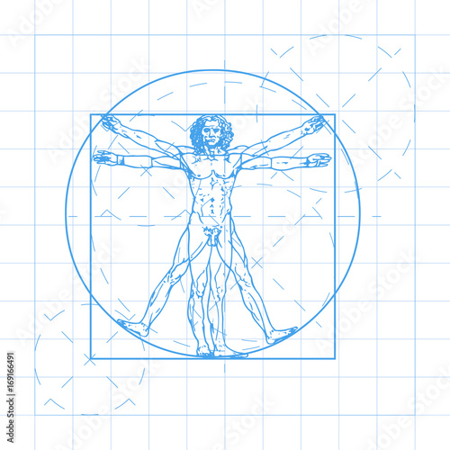 The Vitruvian man blueprint. Called Leonardo's man. Detailed vector drawing based on the artwork by Leonardo da Vinci c. 1490.