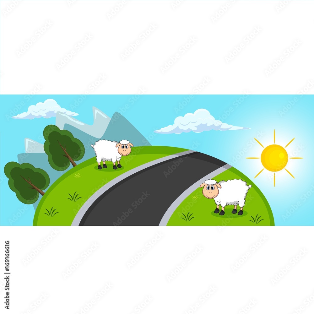 Hill and sheep background cartoon
