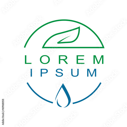 leaf and drop of water logo within an outline of circle, environment logo, isolated on white background.