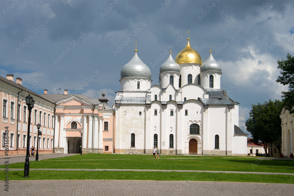 View of St. Sophia Cathedral under a thunder-storming sky in a summer day. Veliky Novgorod