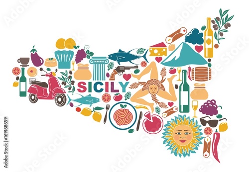 Stylized map of Sicily with traditional symbols photo