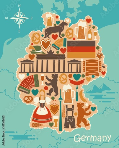 Traditional symbols of Germany in the form of a stilized map