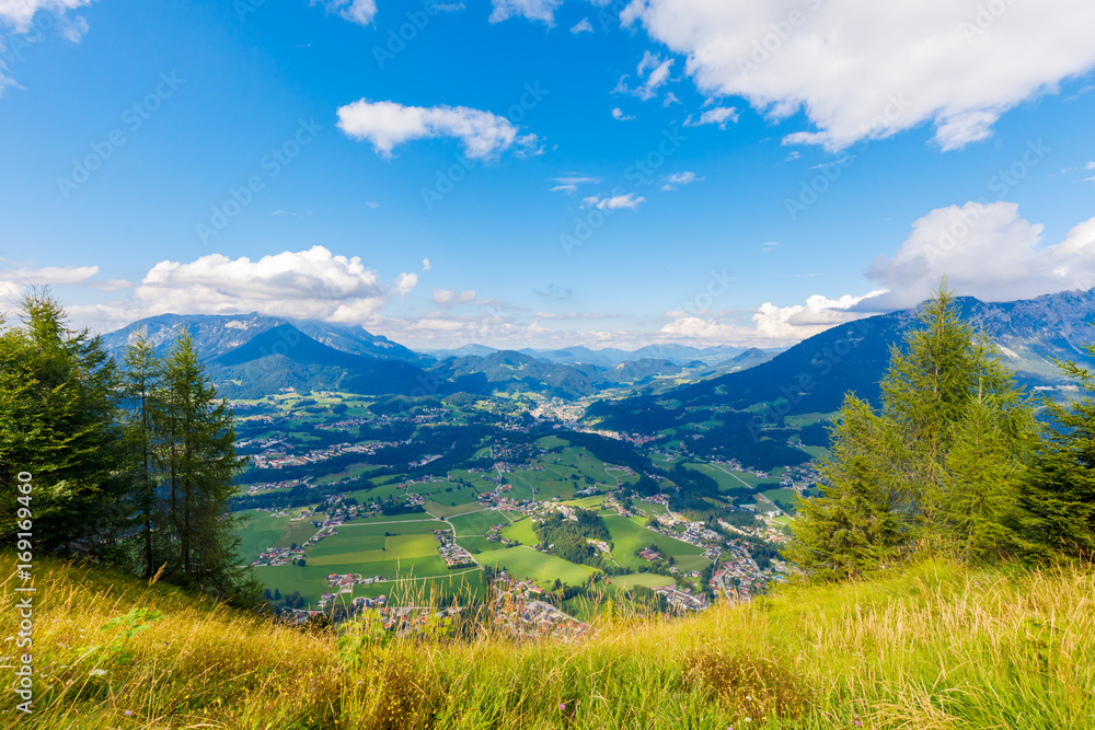 View from Mt. Grünstein down to Berchtesgaden on a sunny summer day