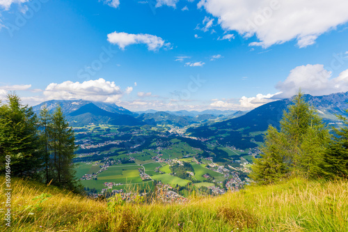 View from Mt. Grünstein down to Berchtesgaden on a sunny summer day