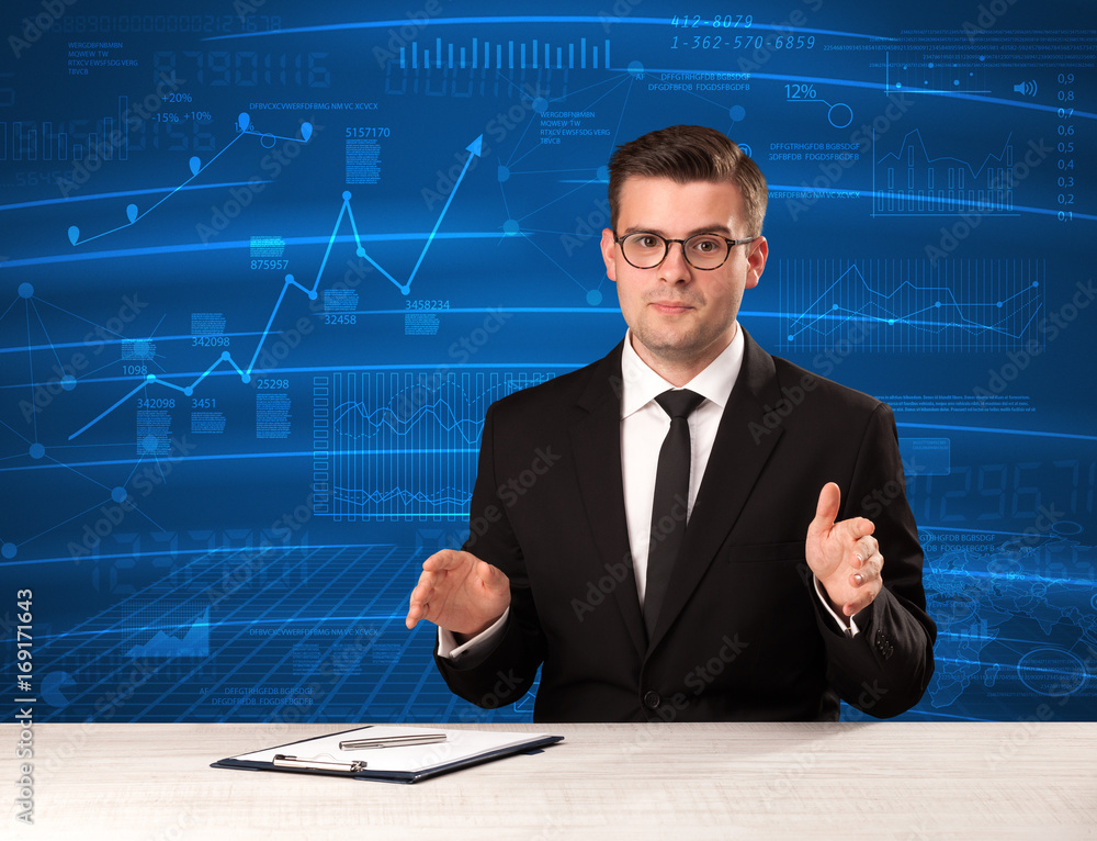 Stock data analyst in studio giving adivce on blue chart background Stock data analyst in studio giving adivce on blue chart background