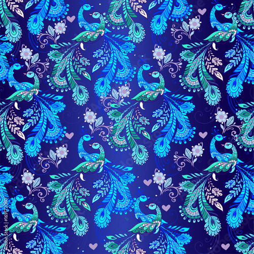 Seamless floral pattern with blue fantastic birds. Decorative ornament backdrop for fabric  textile  wrapping paper