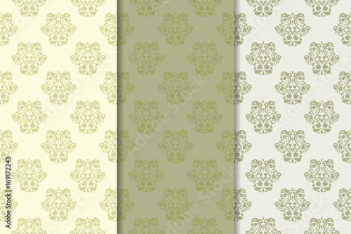 Olive green set of floral ornaments. Seamless patterns