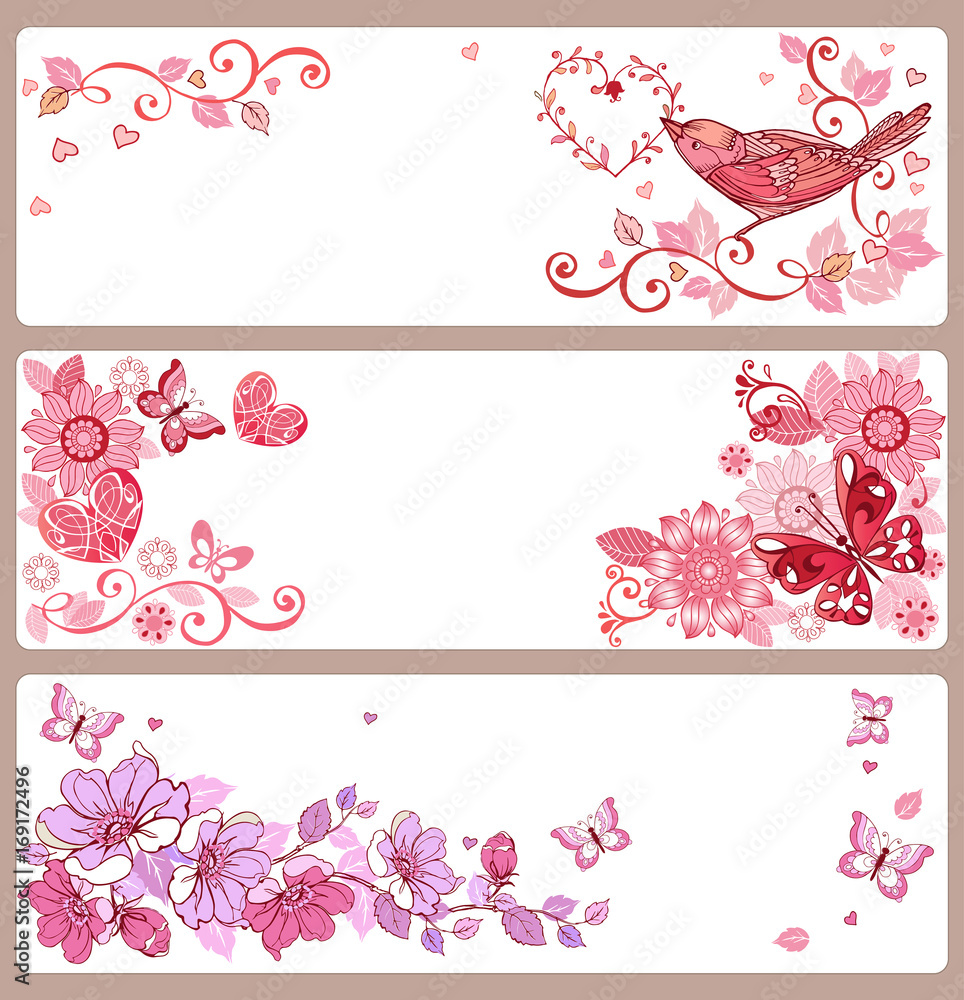Set of banners with hearts and butterflies for Valentine's Day, Easter greetings