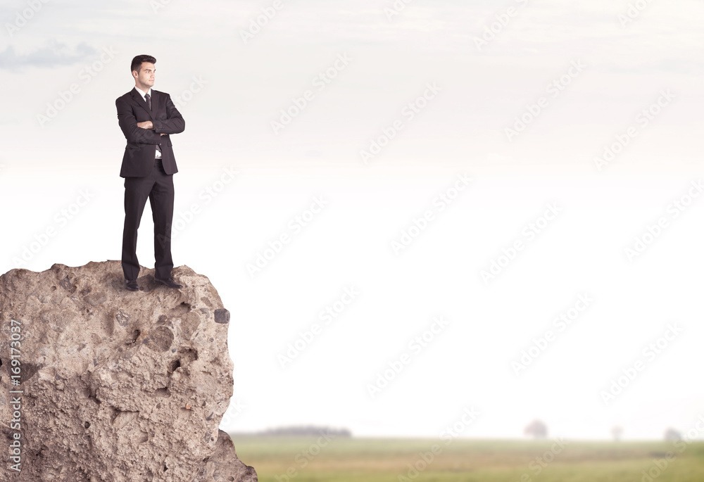 Happy salesman on cliff in the country Happy salesman on cliff in the country