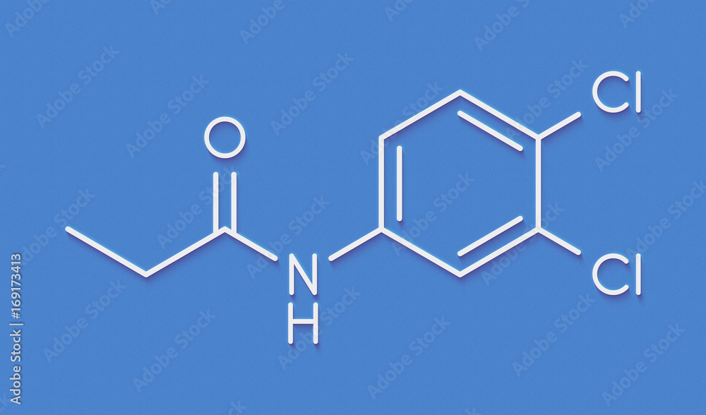 Propanil herbicide molecule. Skeletal formula. Propanil herbicide molecule. Skeletal formula.