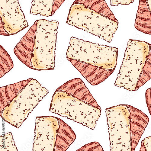 Pretty seamless pattern made of hand drawn colorful sliced emmental cheese. photo