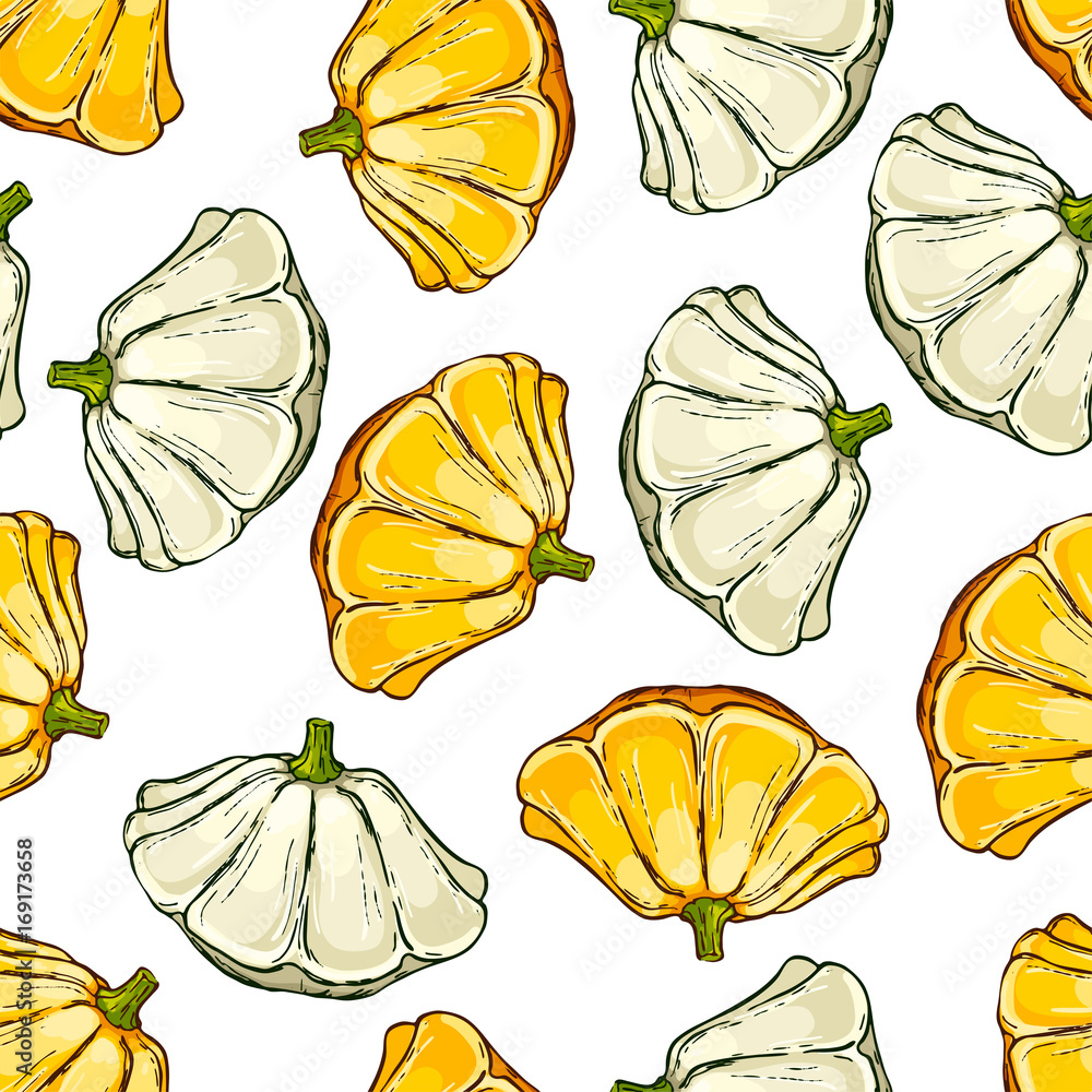 Pretty colorful seamless pattern made of hand drawn yellow and white scallops.
