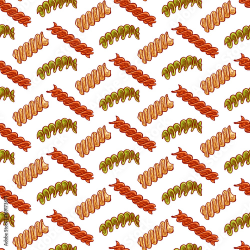 Pretty colorful seamless pattern made of hand drawn different types of fusilli pasta.