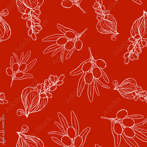 Pretty sketched seamless pattern made of hand drawn barberry and sandthorn twigs.