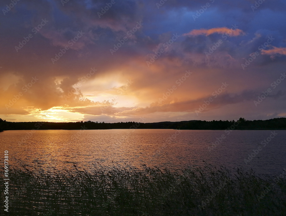 Obraz premium Beautiful sunset by the lake. Silhouette grass. Colorful sky.