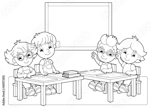 cartoon scene with children in the classroom holding hands up vector coloring page - illustration for children