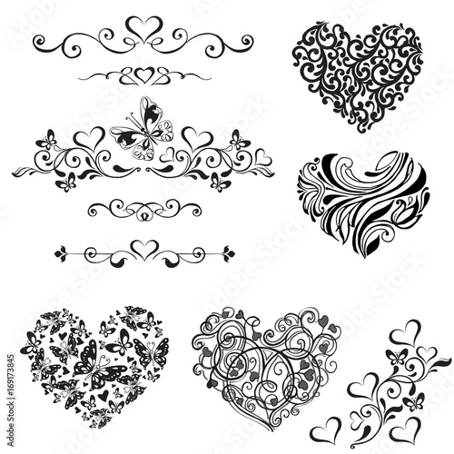 Vector set of decorative hearts, vignette, vintage decorative elements