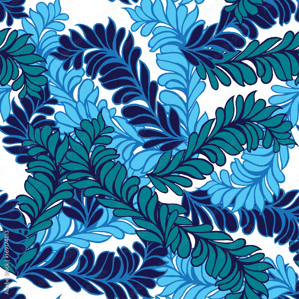 Seamless blue ornament ornamental feathers. Decorative ornament backdrop for fabric, textile, wrapping paper, card, invitation, wallpaper, web design